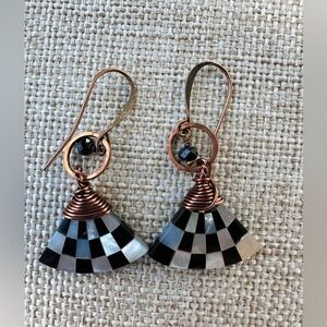 Mother of Pearl Checkered Fan Earrings with Copper Accents